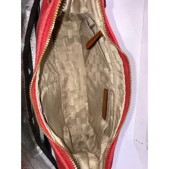 MICHAEL KORS, LARGE RED CANVAS, BROWN LEATHER SHOULDER BAG - Picture 12 of 16